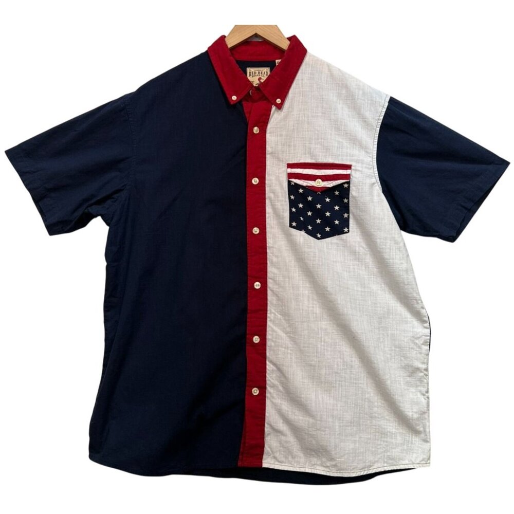Redhead Mens Button Down Shirt Short Sleeve Sz XL Blue White American Flag Stars